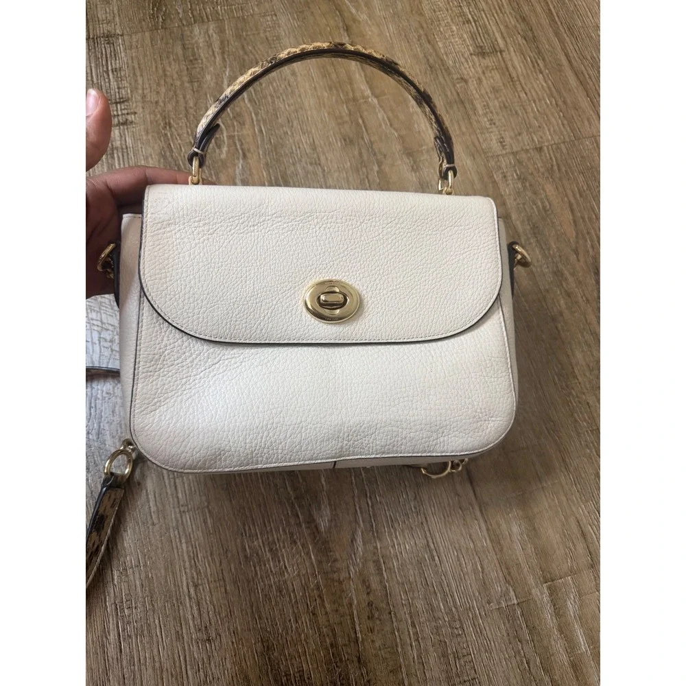 Coach Chalk White Pebbled Leather Top Handle Crossbody Bag Snakeskin Trim Gold